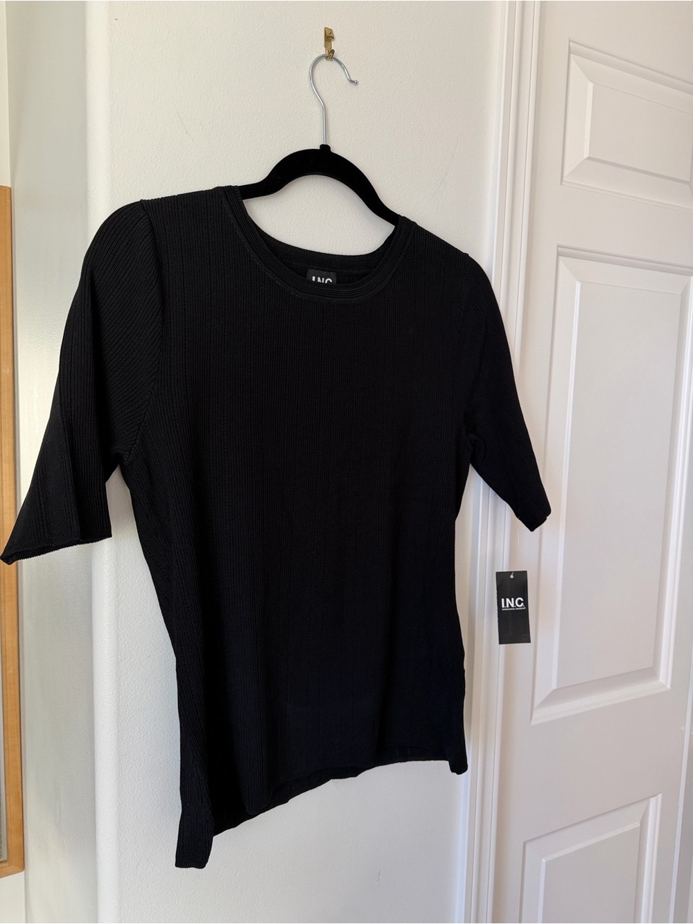 INC International Concepts - Black Ribbed Short-Sleeve Casual Classic Top Blouse